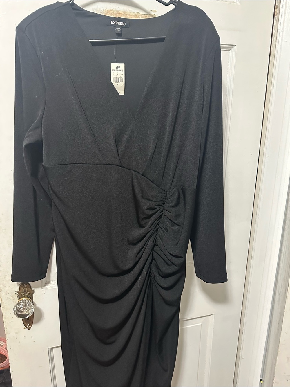 Express Black V-Neck Long Sleeve Ruched Side Dress